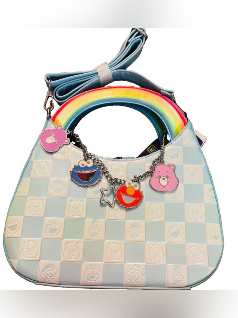 Loungefly Sesame Street x Care Bears Blue Check Crossbody Bag